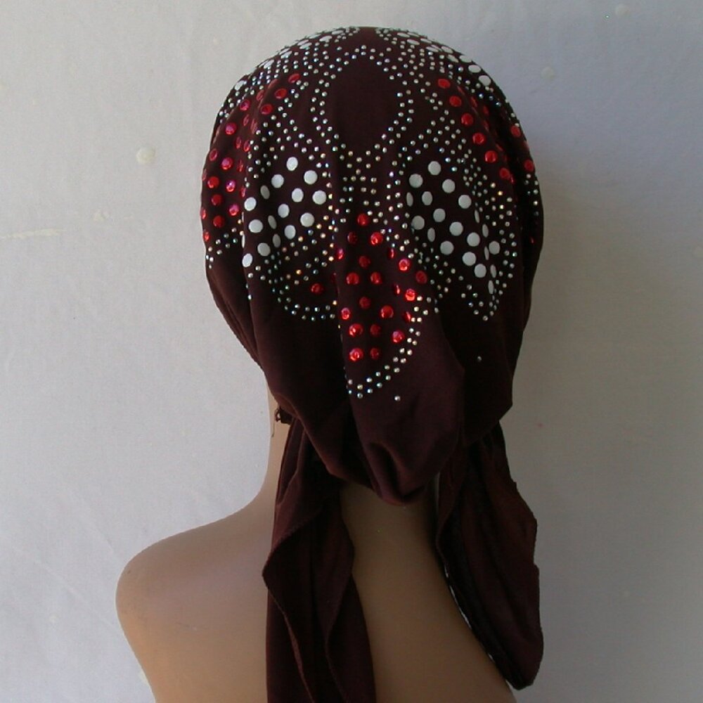 BROWN Pre-Tied Stud Chemo Cap Slip On Bonnet Hijab Undercap #3